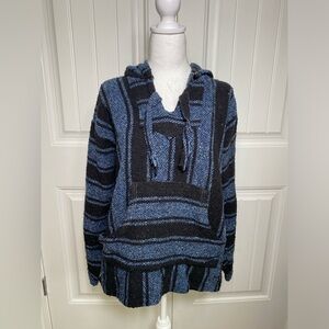 Baja Hoodie Long Sleeve Pullover Blue Black Stripes Small/Medium unisex